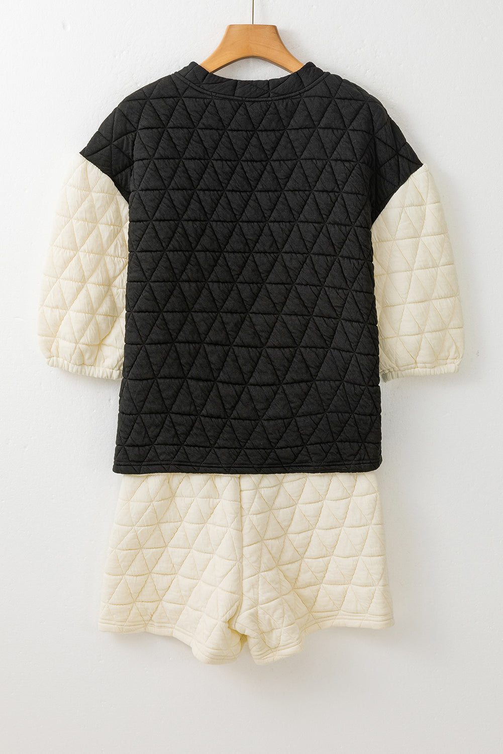 Black Color Block Quilted 3/4 Sleeve Top and Shorts Set