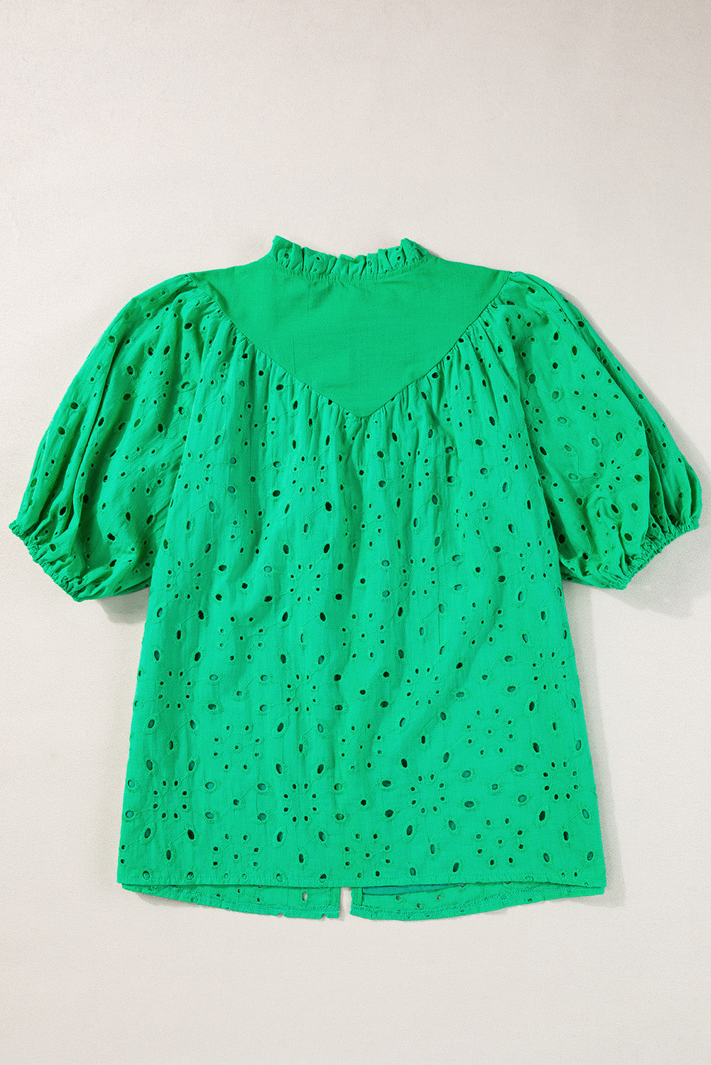 Green Flower Embroidered Hollow-out Puff Sleeve Blouse