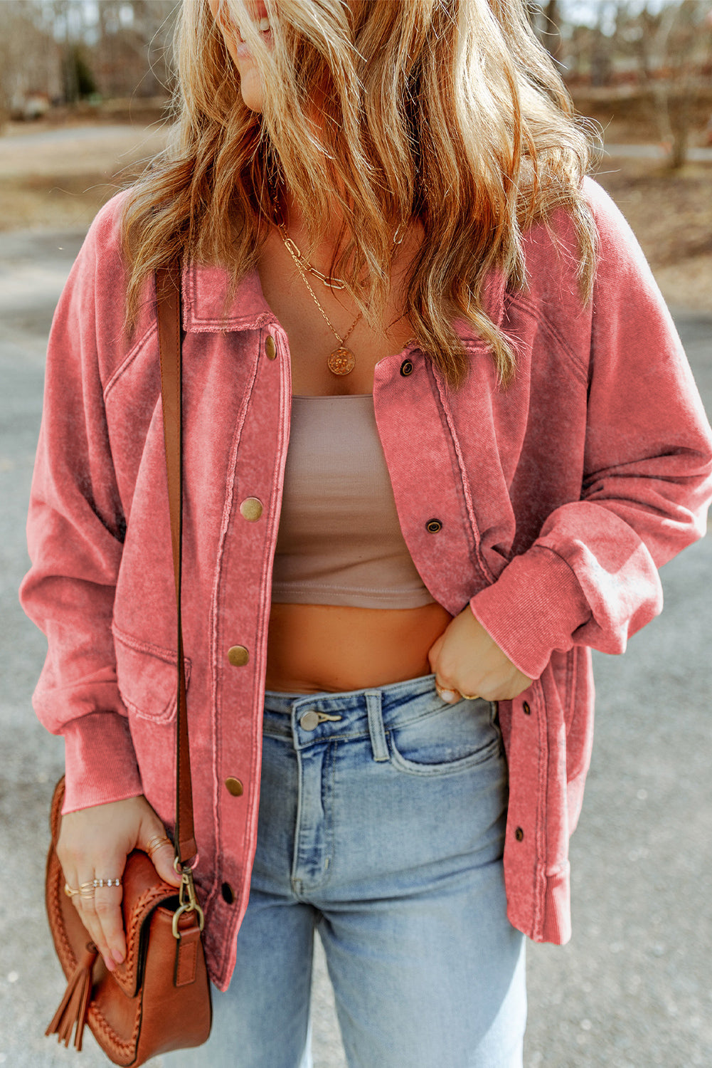 Fiery Red Vintage Washed Flap Pocket Button Shacket