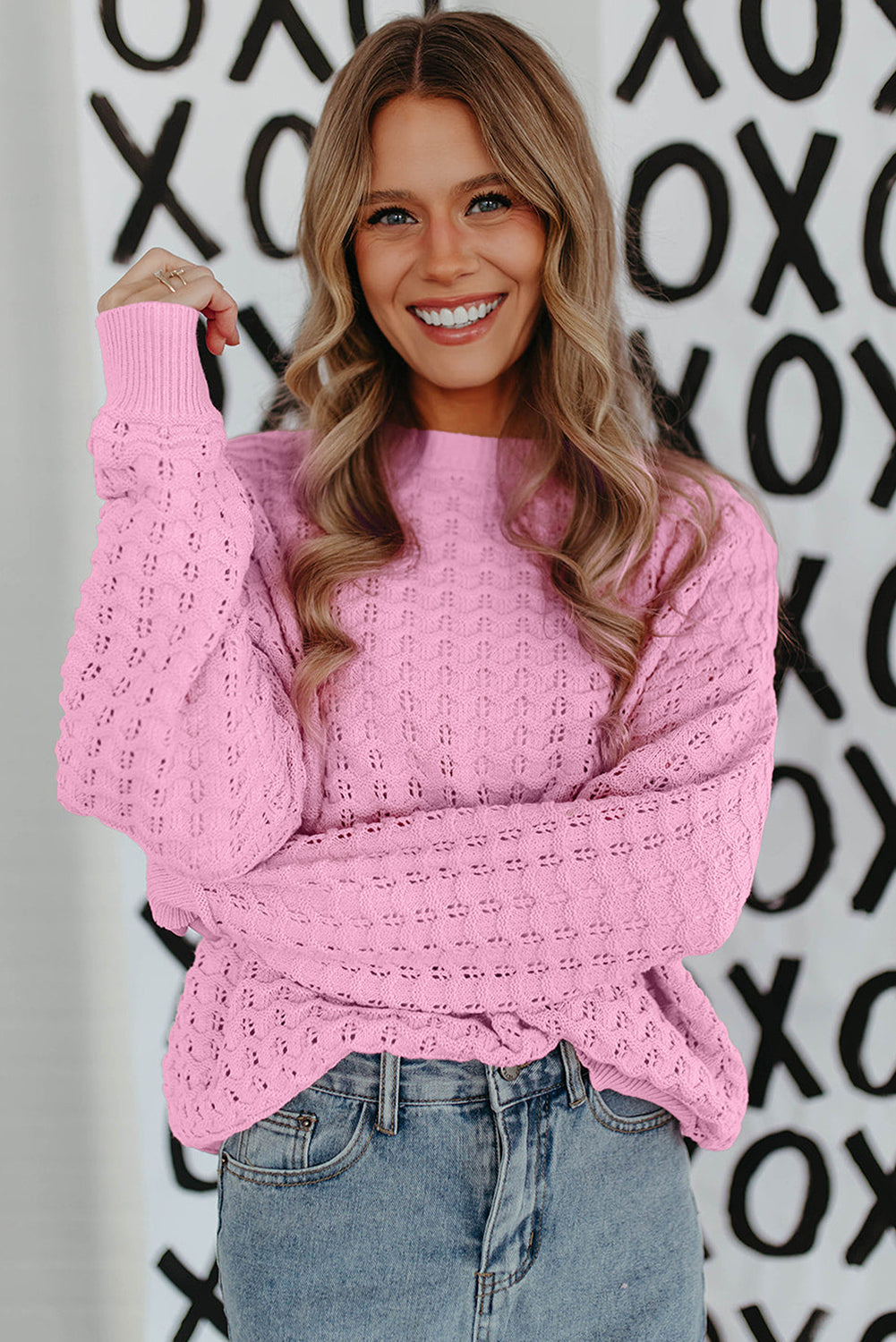 Pink Crochet Knit Drop Shoulder Sweater