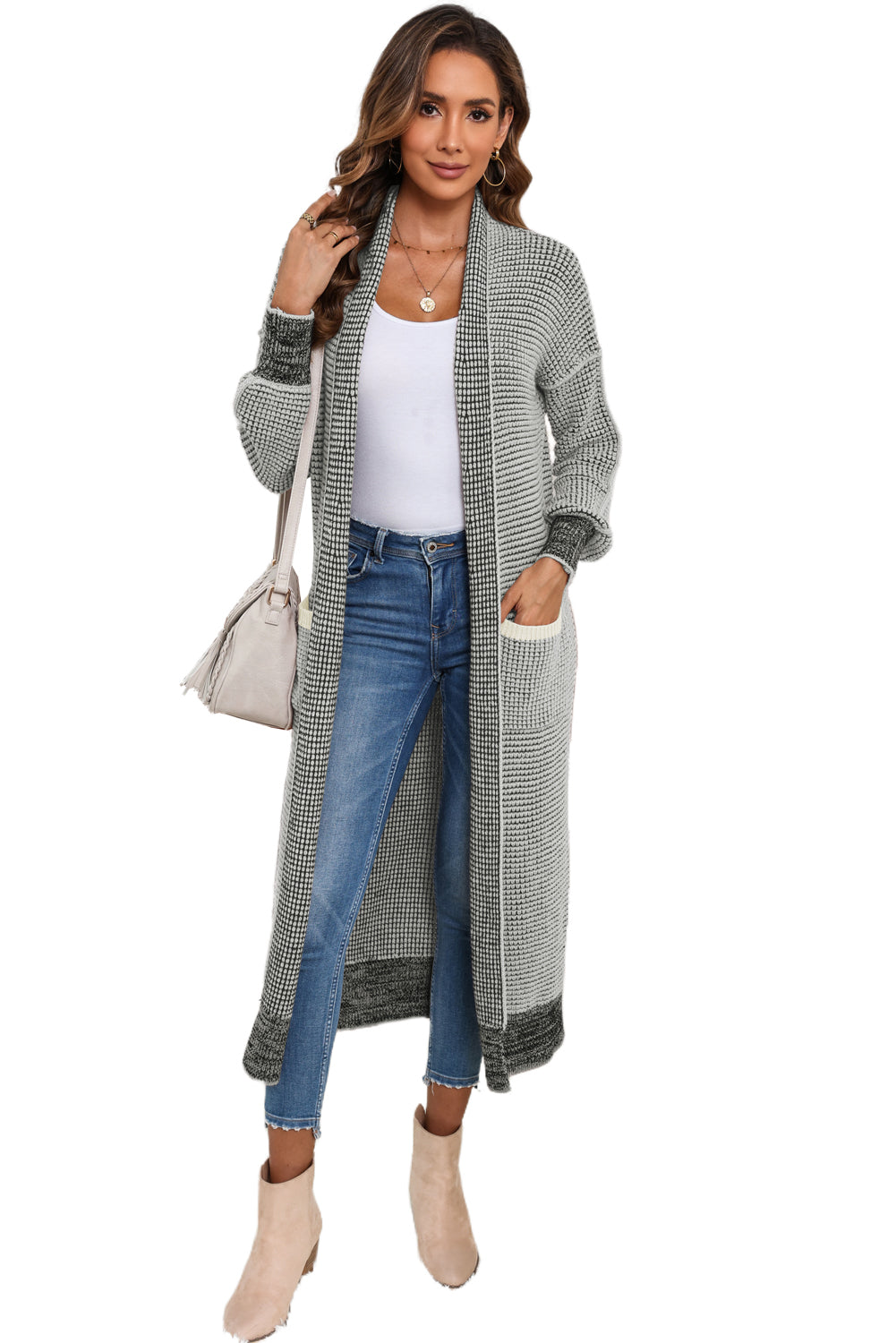 Gray Textured Knit Pocketed Duster Cardigan