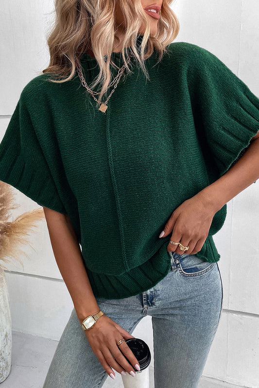 Blackish Green Mock Neck Batwing Short Sleeve Knit Sweater