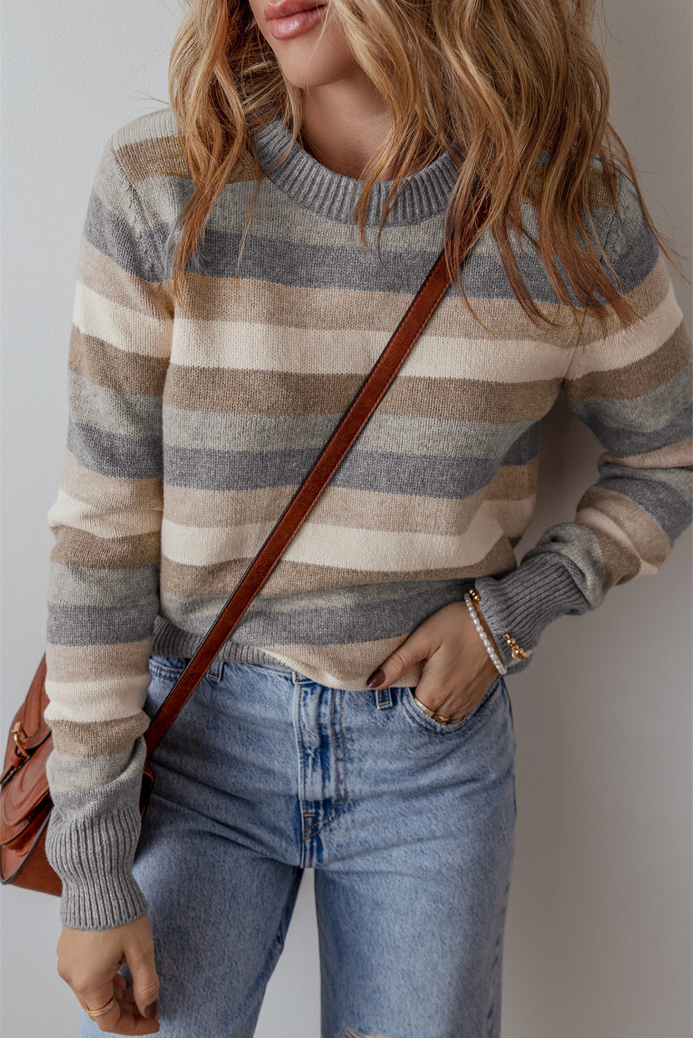 Green Color Block Ribbed Edge Round Neck Sweater