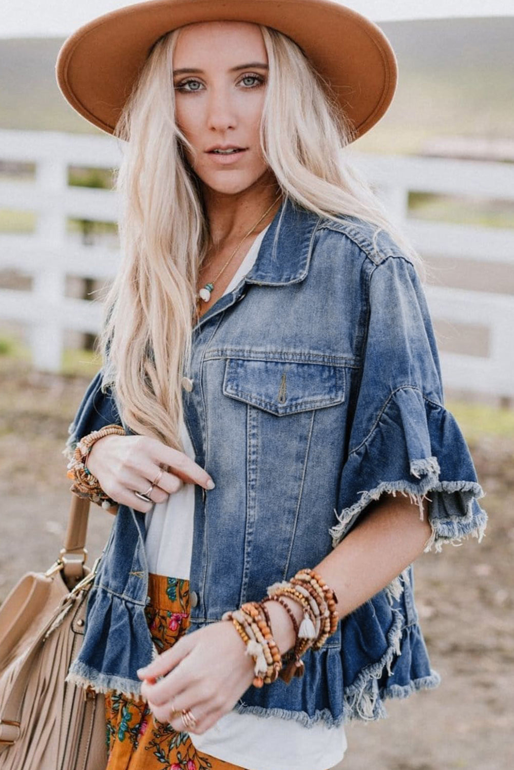 Peacock Blue Raw Edge Ruffled Short Sleeve Denim Jacket