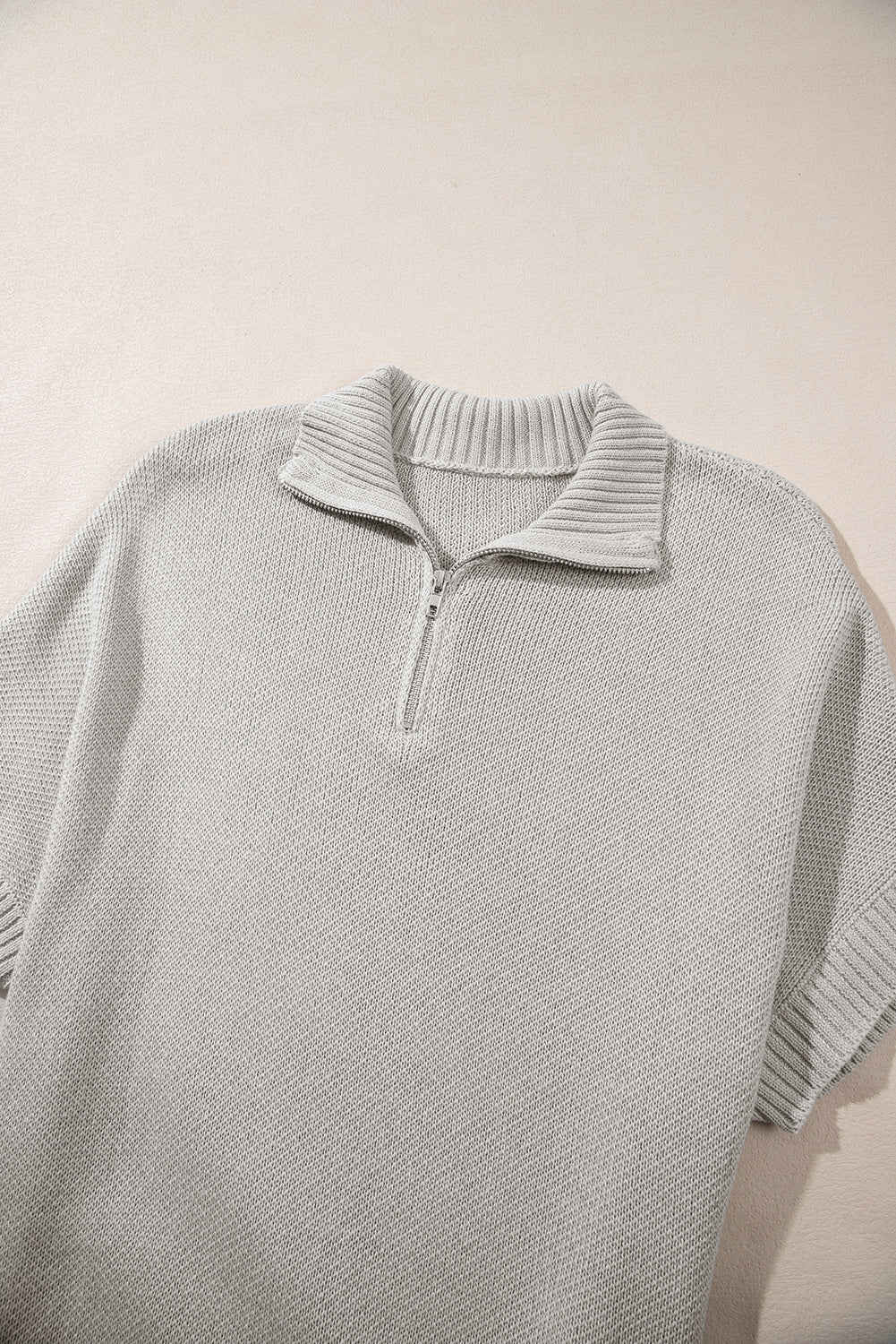 Light Grey Quarter Zip Short Batwing Sleeve Sweater