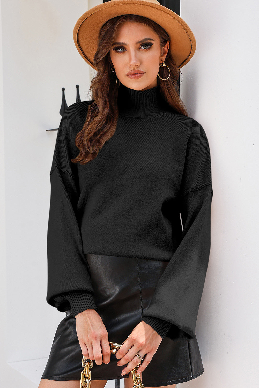 Black Turtleneck Drop Shoulder Bubble Sleeve Knit Sweater