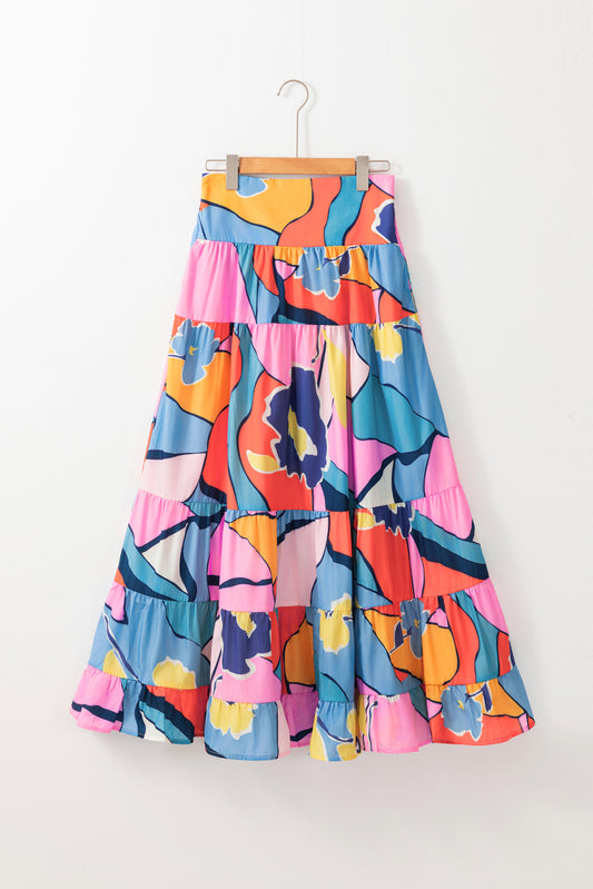 Pink Printed Pocketed High Waist Maxi Skirt