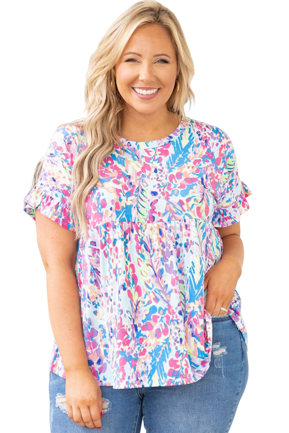 Purple Vibrant Botanical Print Frill Short Sleeve Plus Size Top