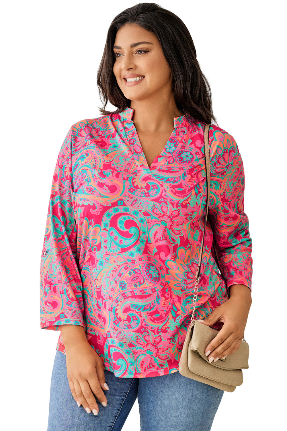 Pink Printed Plus Size Paisley Print V Neck Roll Tab Sleeve Blouse