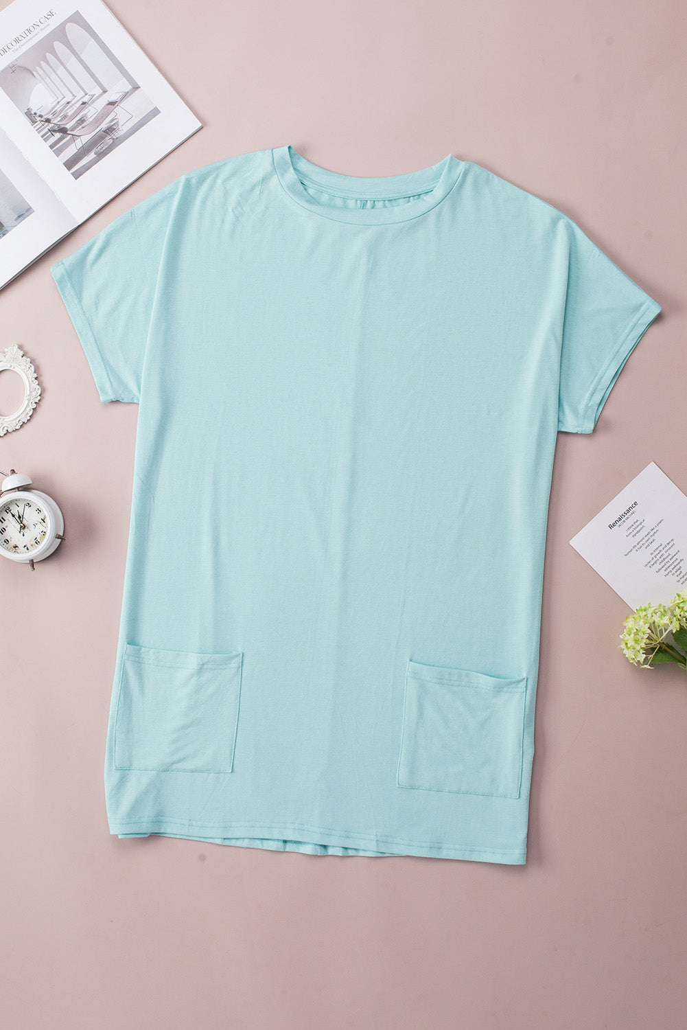 Light Blue Side Pockets Short Sleeve Tunic Top