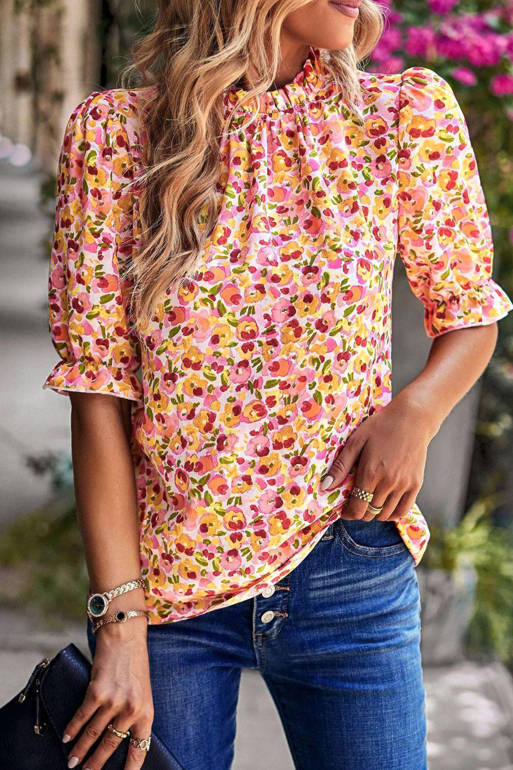 Orange Boho Floral Ruffle Short Sleeve Frill Mock Neck Blouse