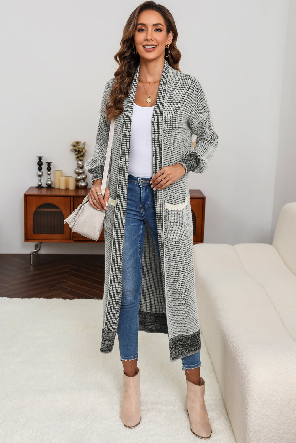 Gray Textured Knit Pocketed Duster Cardigan