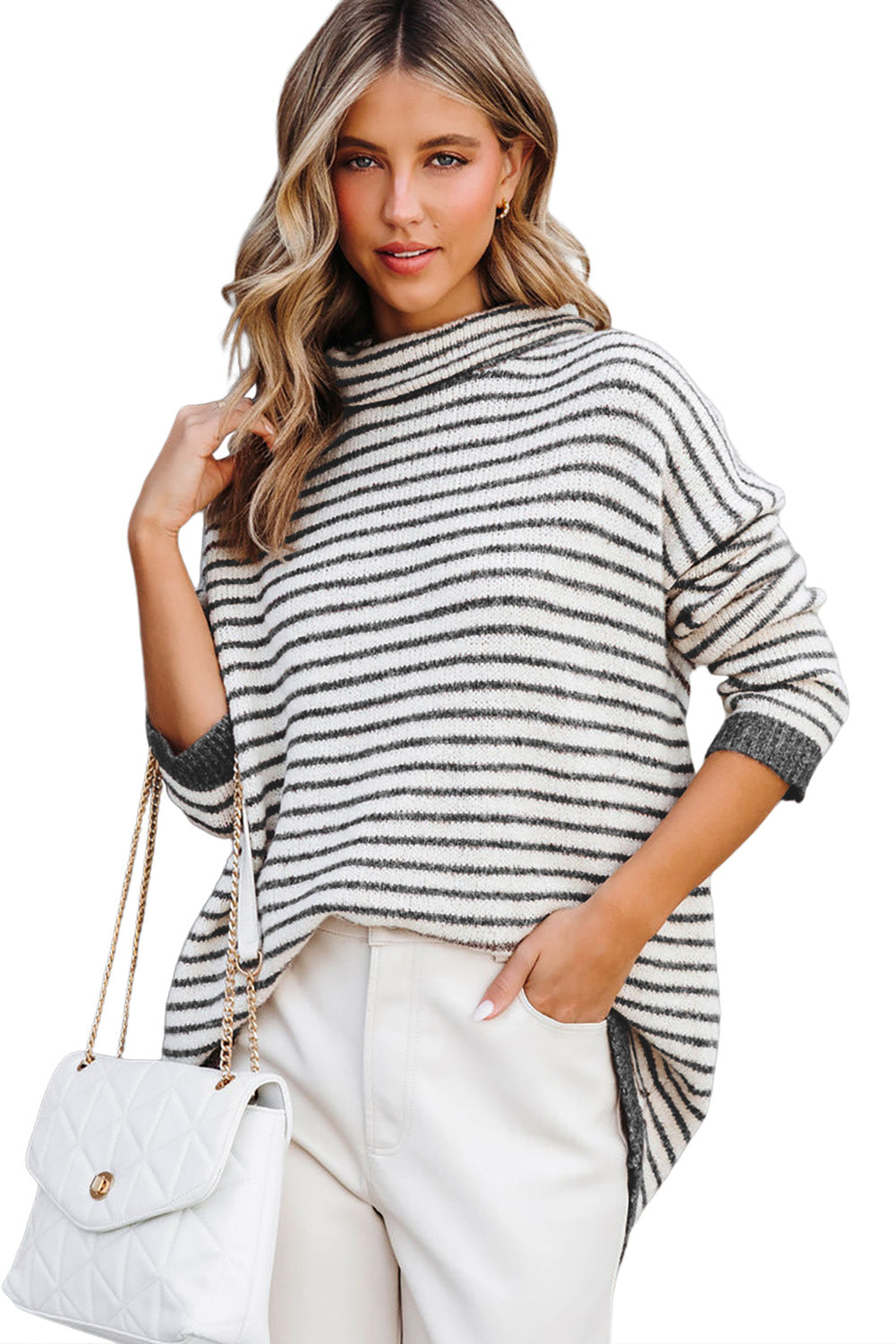 Gray Striped Turtleneck Loose Sweater