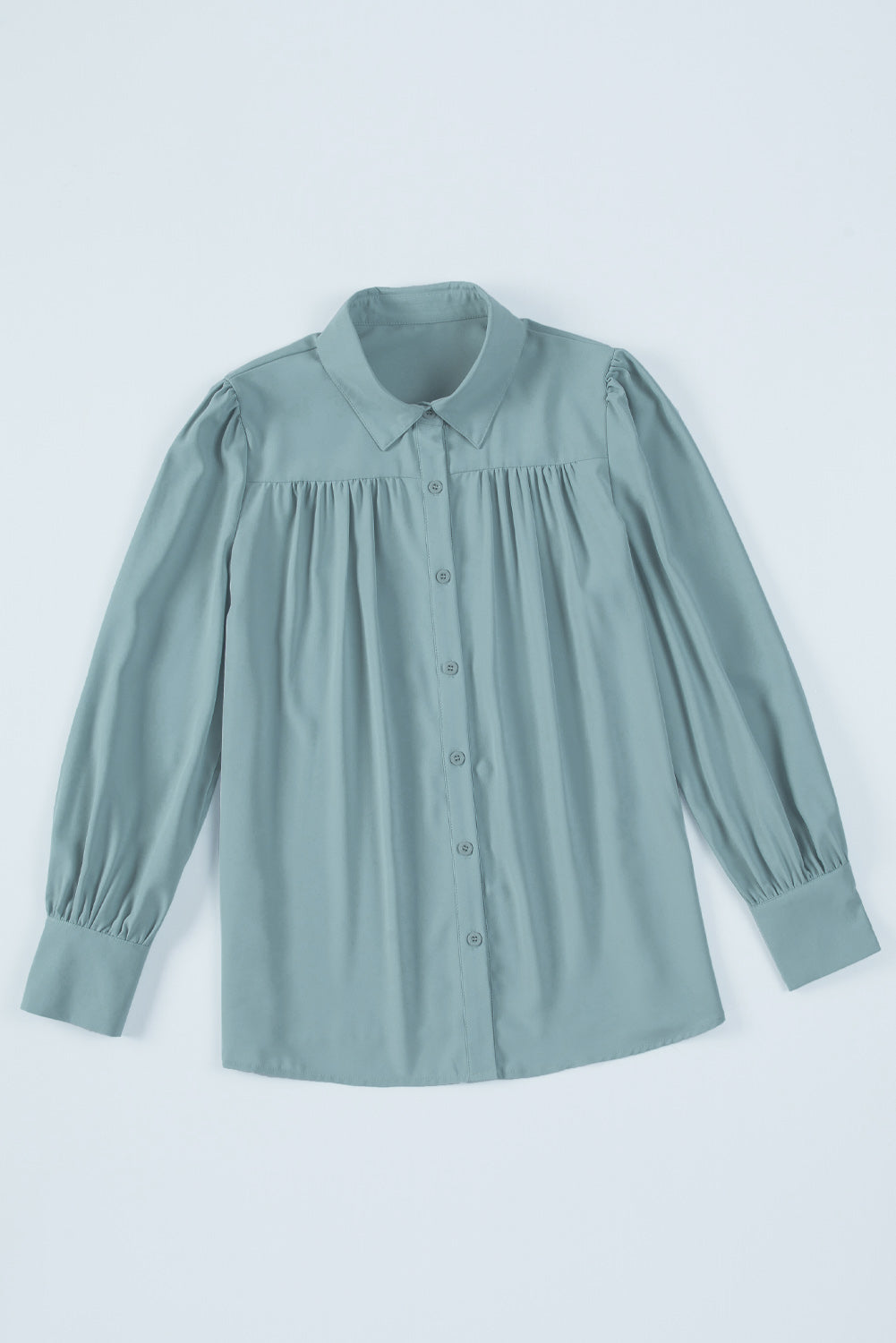 Sky Blue Solid Color Button Up Puff Sleeve Blouse