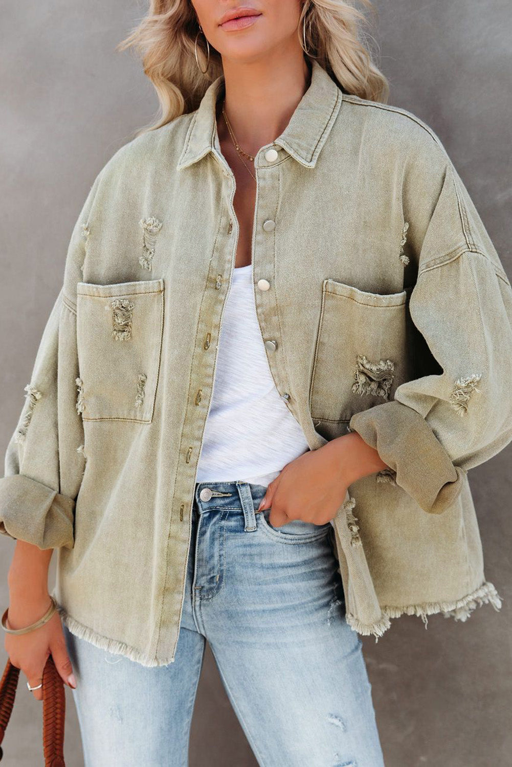 Green Distressed Fringe Trim Denim Jacket