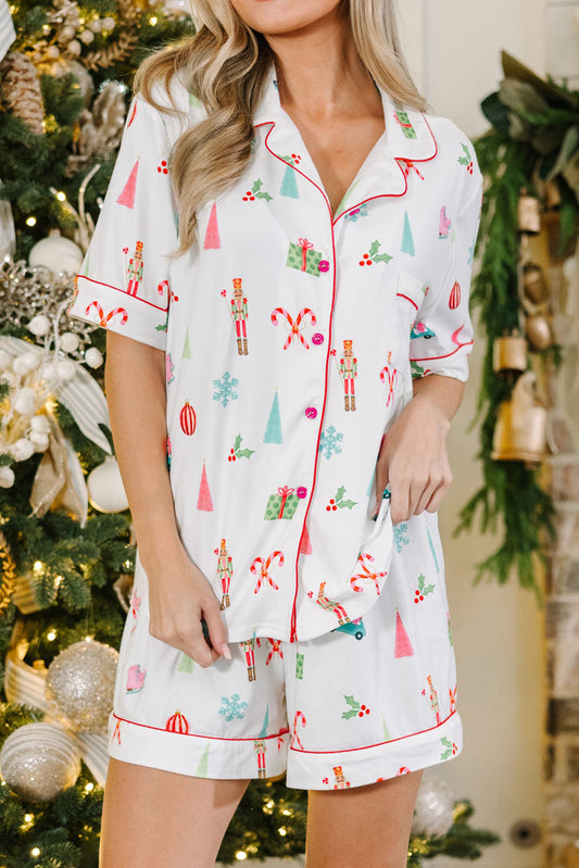 White Christmas Print Short Sleeve Shirt and Shorts Pajama Set