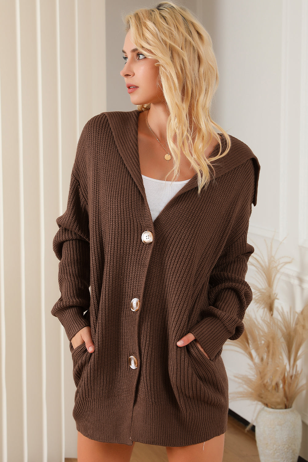 Brown Chunky Knit Lapel Collar Button up Cardigan