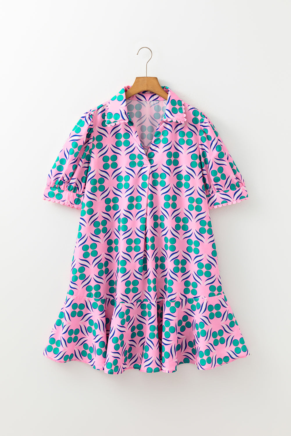 Pink Geometric Floral Print V Neck Ricrac Trim Short Sleeve Mini Dress