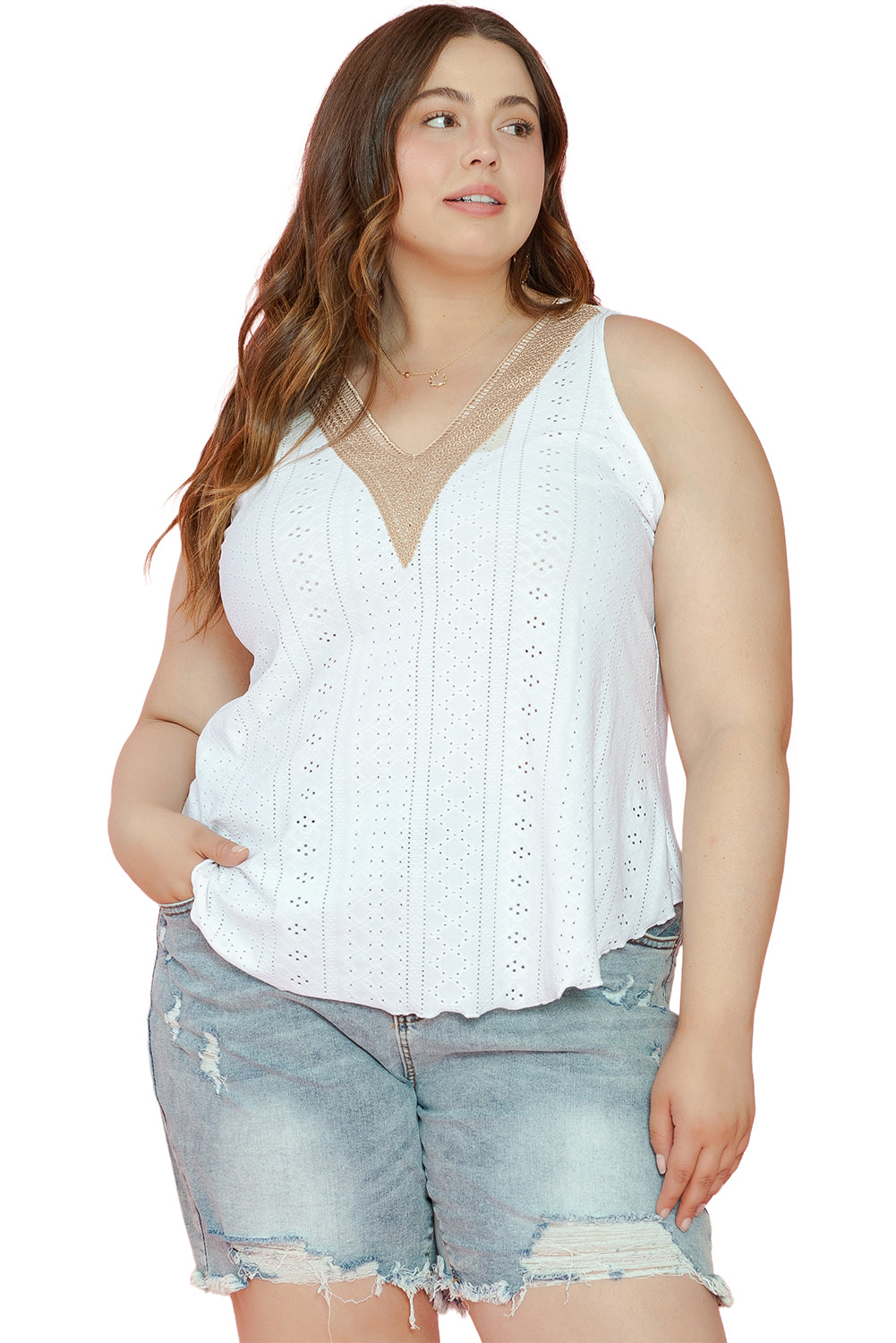 White Plus Size Guipure V Neck Eyelet Lace Tank Top