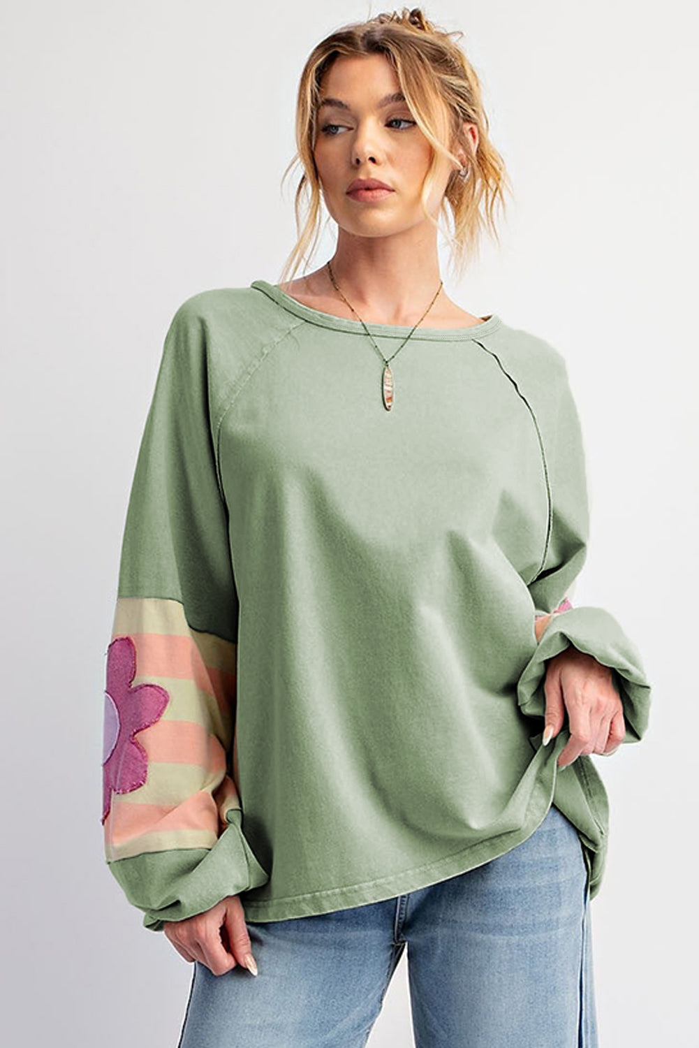 Sail Blue Flower Patchwork Raglan Sleeve Exposed Seam Oversized Top