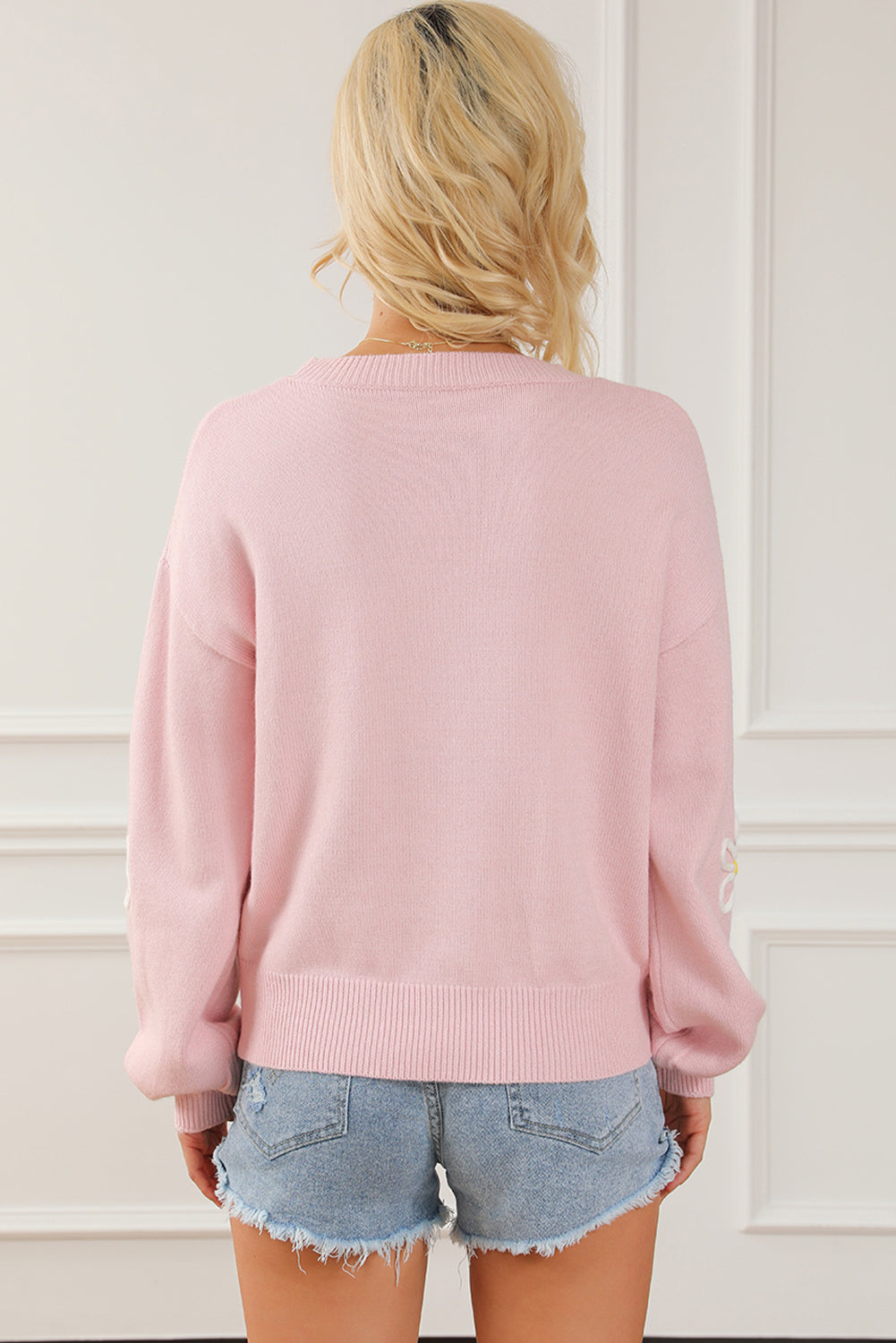 Pink Chenille Daisy Stitching Crew Neck Sweater