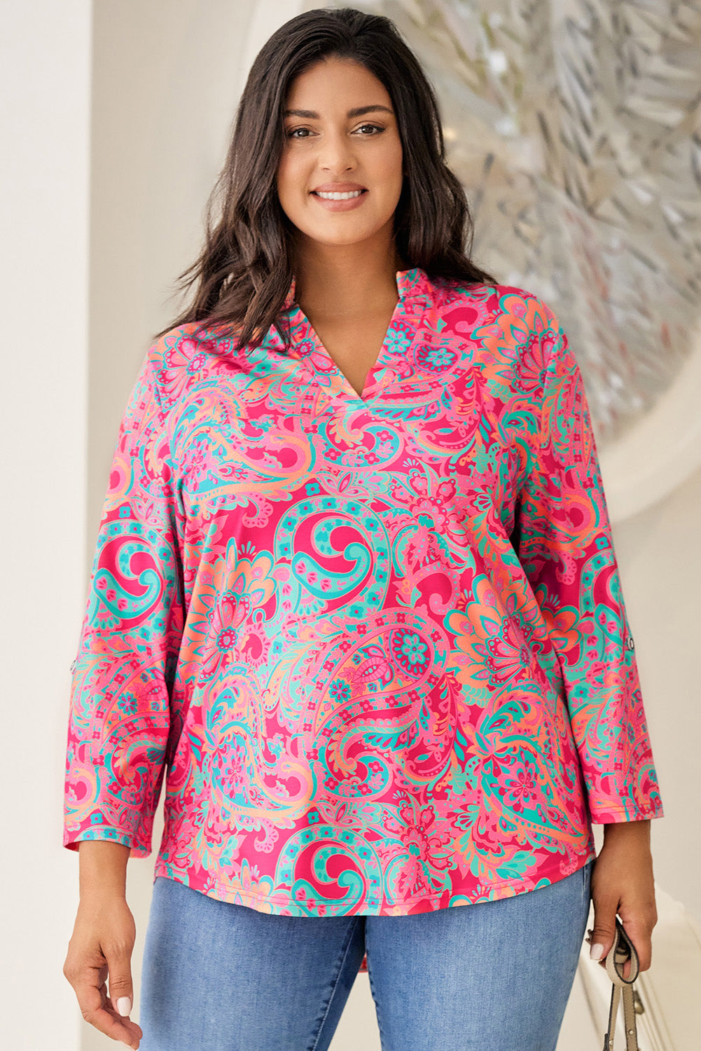 Pink Printed Plus Size Paisley Print V Neck Roll Tab Sleeve Blouse