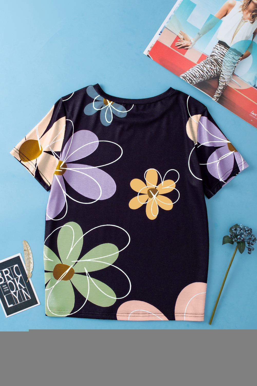 Black Summer Flower Print Casual Round Neck T Shirt