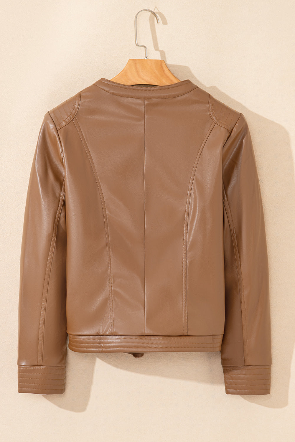 Chestnut Solid Faux Leather Zipper Slim Fit Jacket