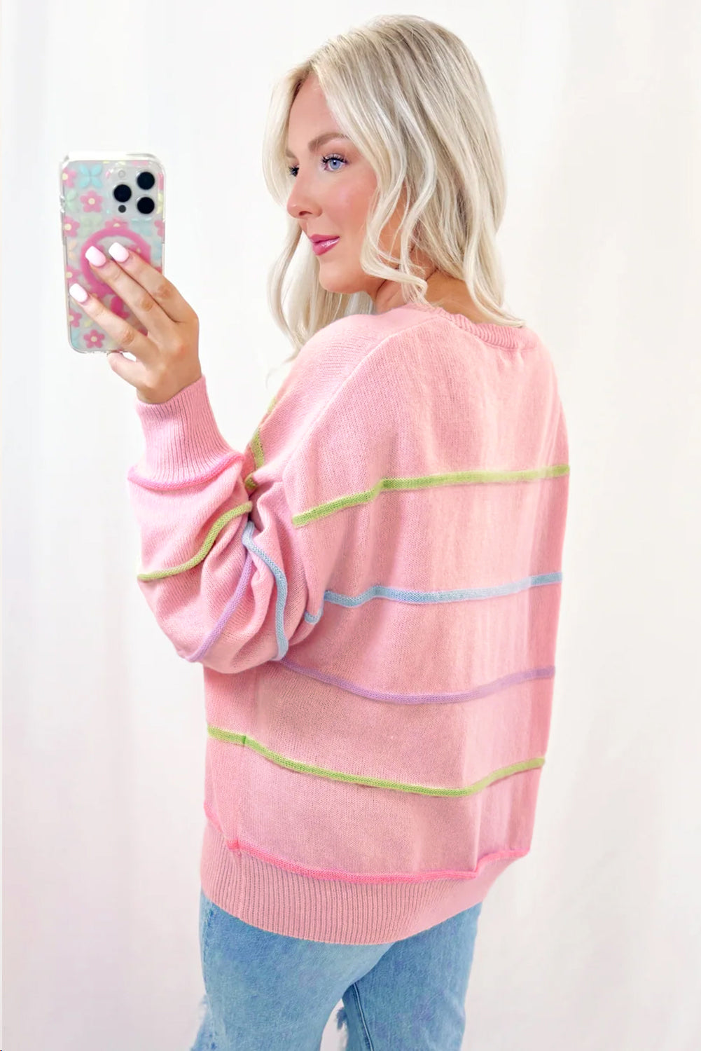 Pink Rainbow Stripes Drop Shoulder Baggy Henley Sweater