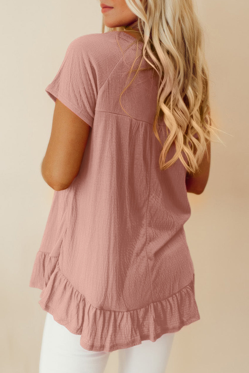 Pink Solid Short Sleeve Ruffle Hem Top