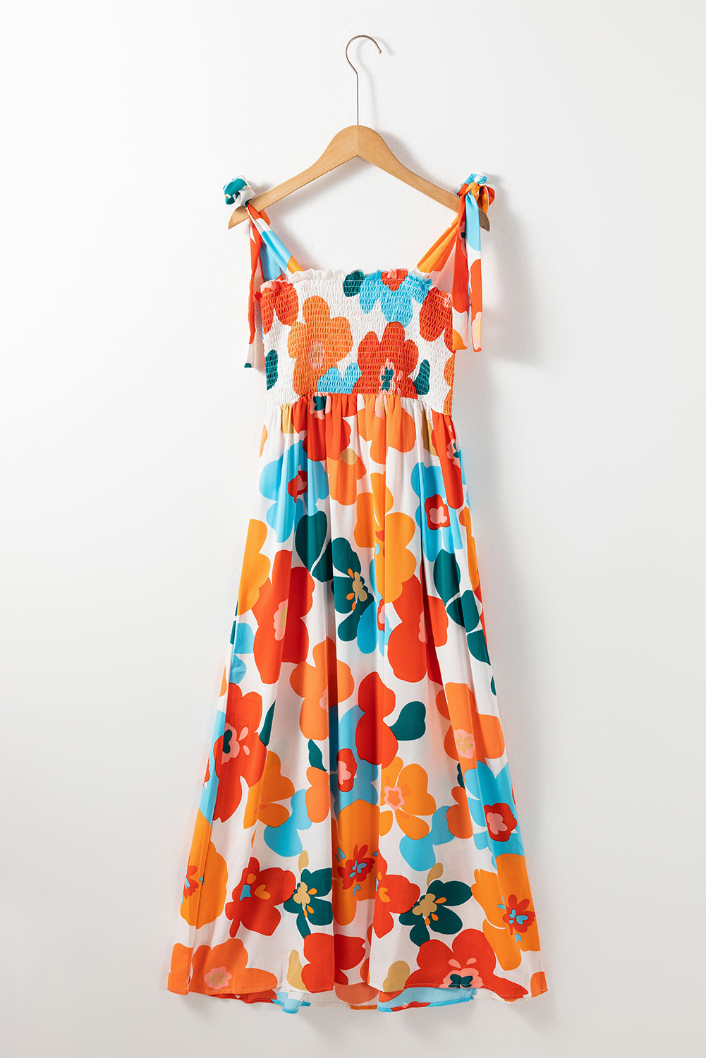 Orange Floral Self Tied Straps Smocked Bust Maxi Dress