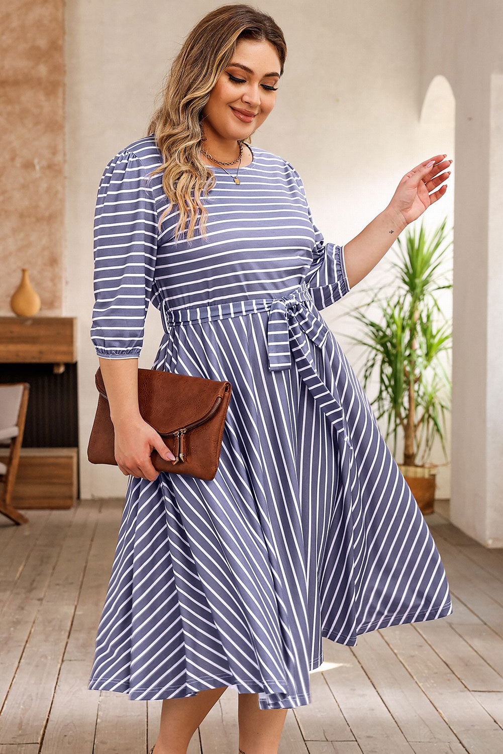 Gray Striped Tie Waist 3/4 Sleeve Plus Size Dress