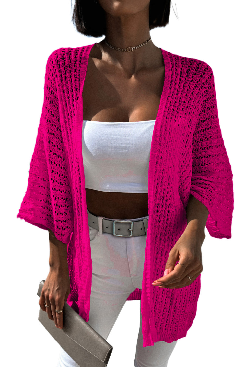 Rose Hollow-out Bracelet Sleeve Knit Cardigan