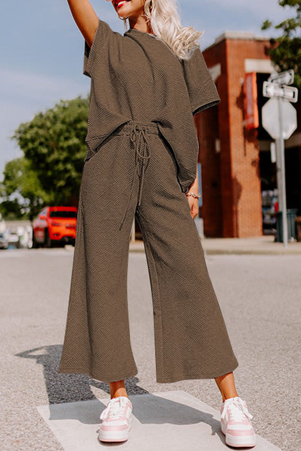 Red Dahlia Textured Loose Fit T Shirt and Drawstring Pants Set