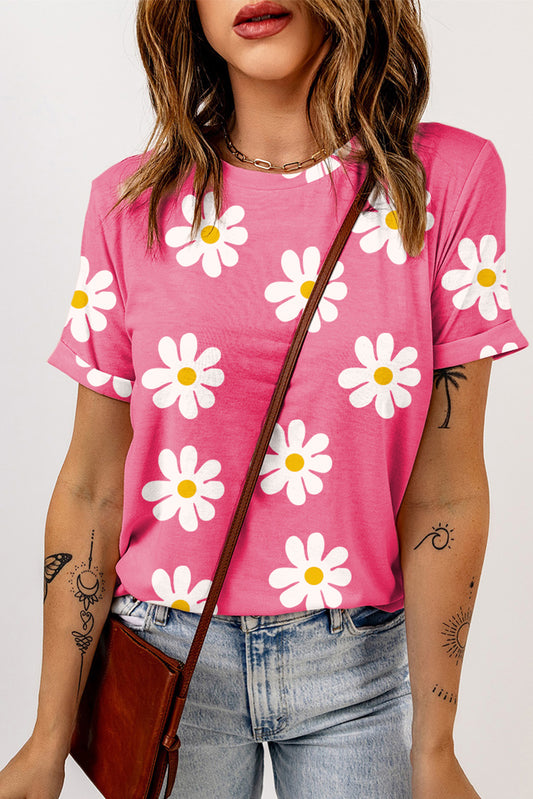 Pink Daisy Printed Crewneck T Shirt