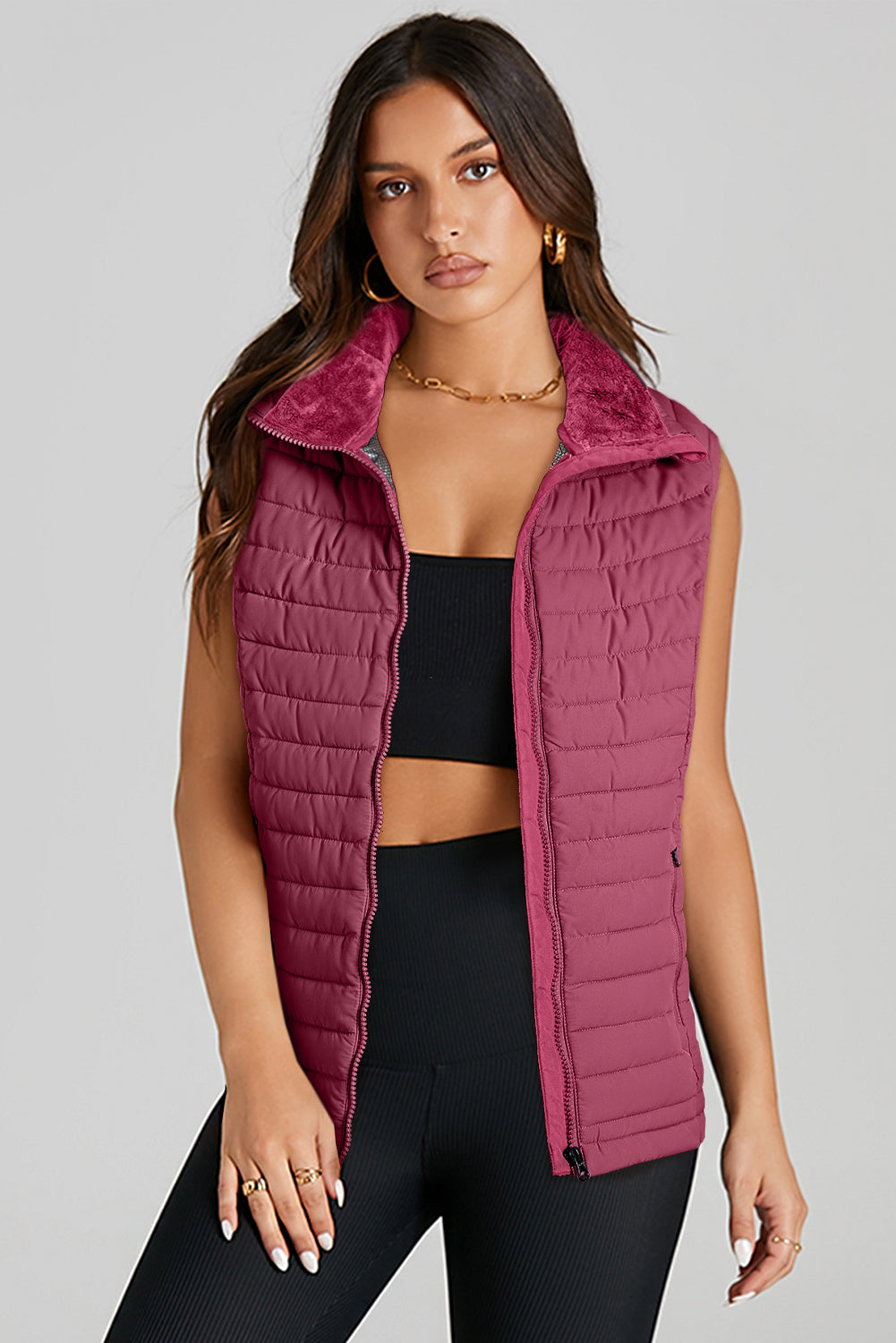 Black Plush Collared Quilted Zipped Puffer Vest