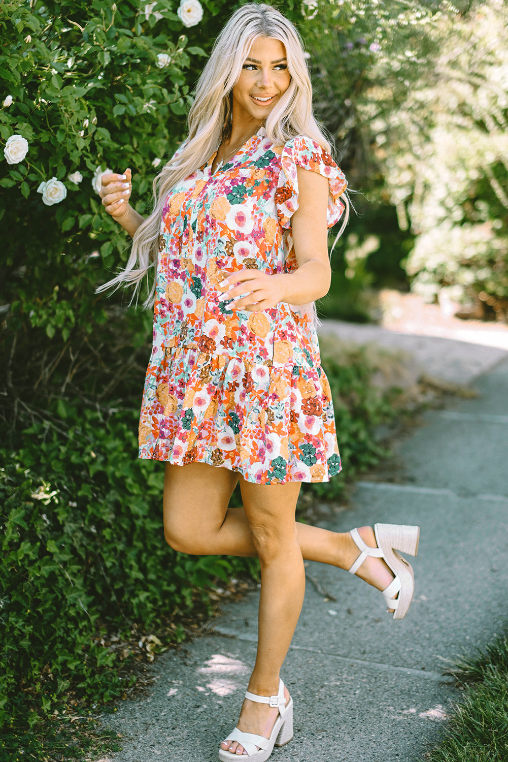 Purple Floral Print Split Neck Flutter Sleeve Dress