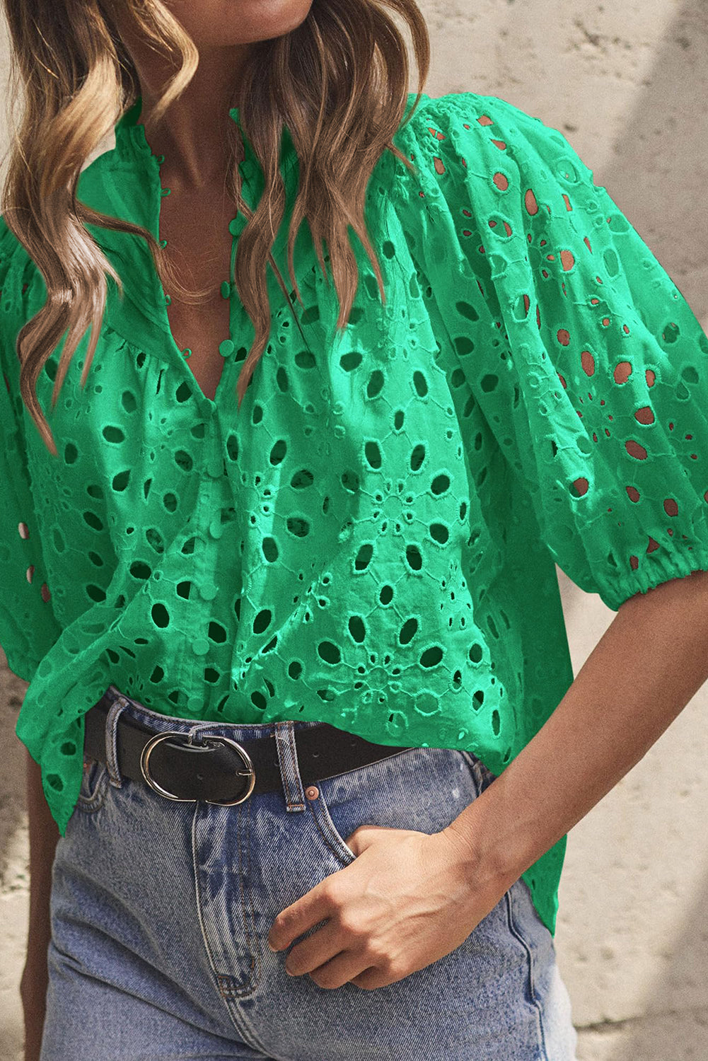 Green Flower Embroidered Hollow-out Puff Sleeve Blouse