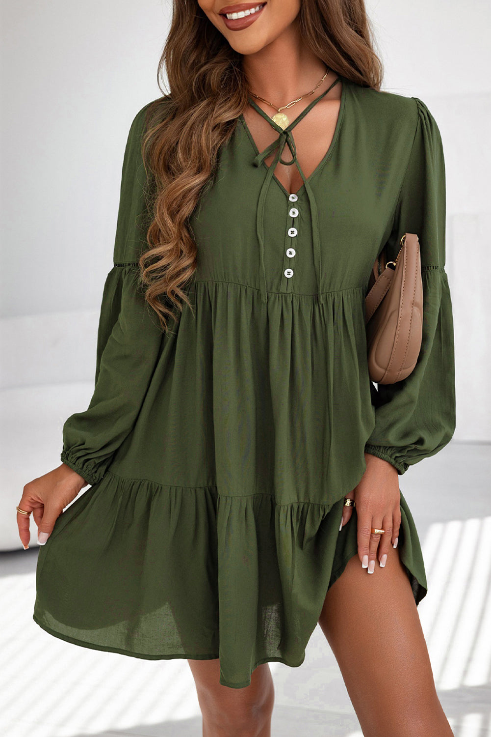 Green Lace Puff Sleeve Buttoned Tiered Ruffled Mini Dress