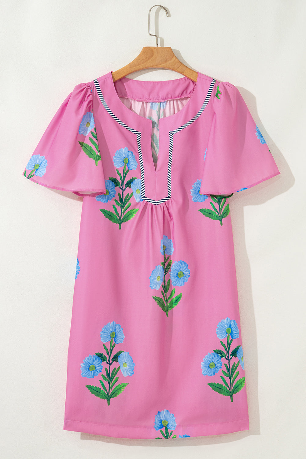 Rose Floral Short Sleeve Split Neck Loose Mini Dress