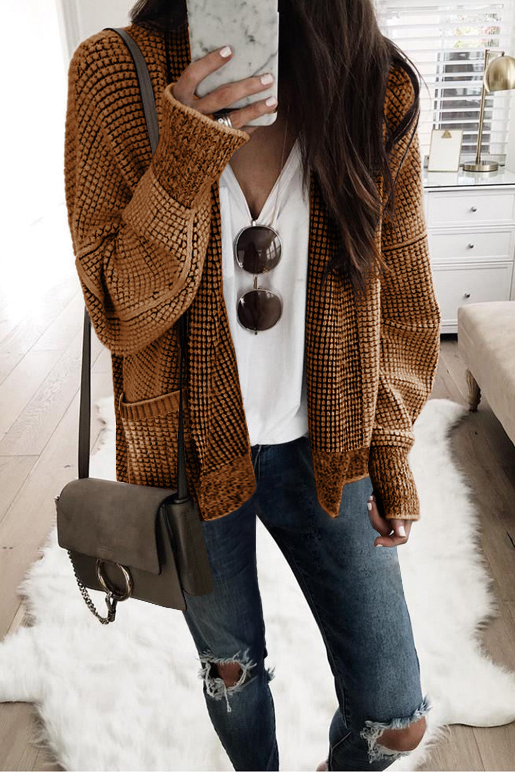 Brown Chunky Waffle Knit Oversized Collar Cardigan