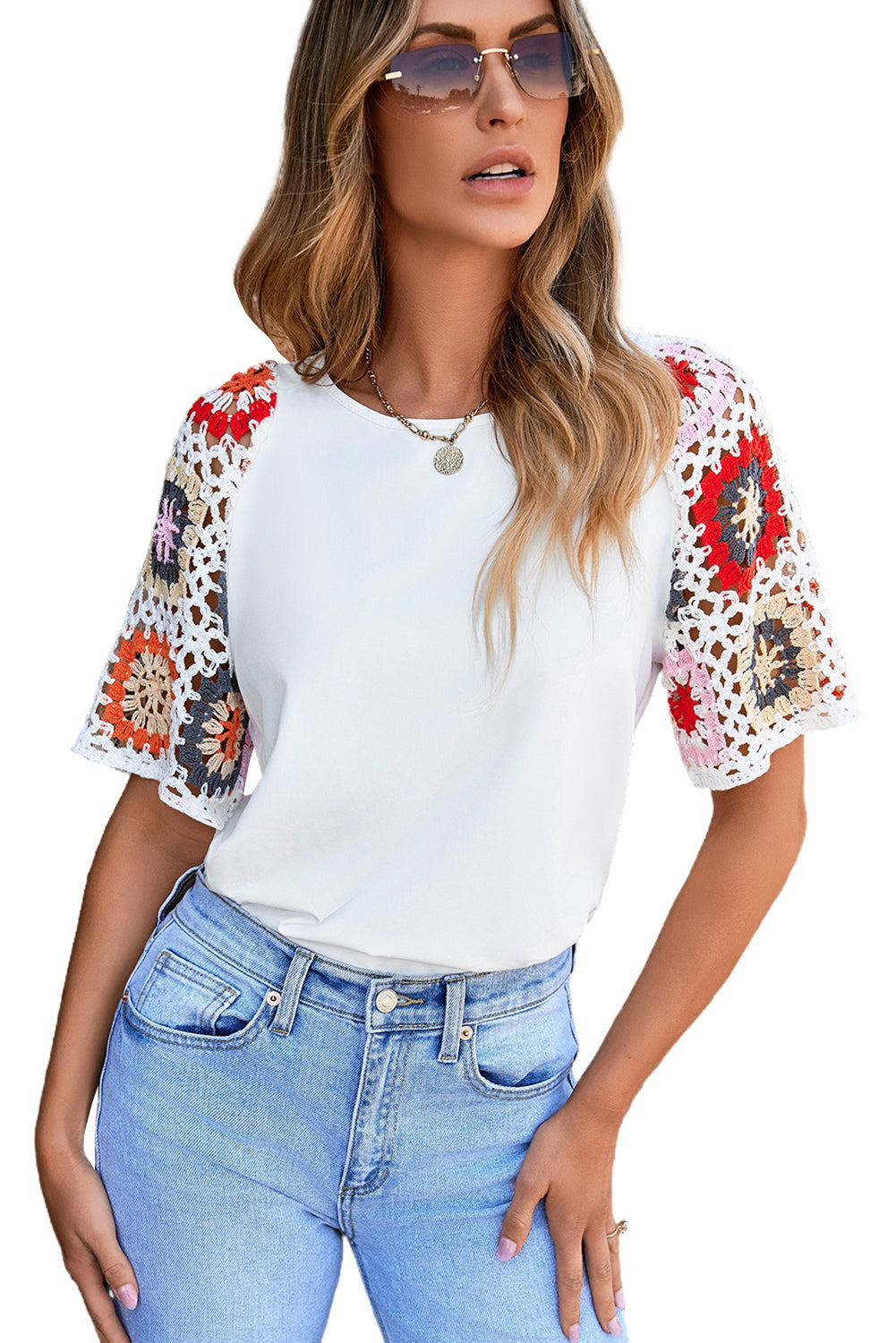 White Floral Crochet Short Sleeve Top