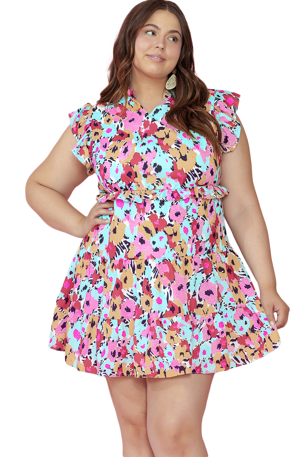 Red Floral Ruffled Cap Sleeve Plus Size Mini Dress