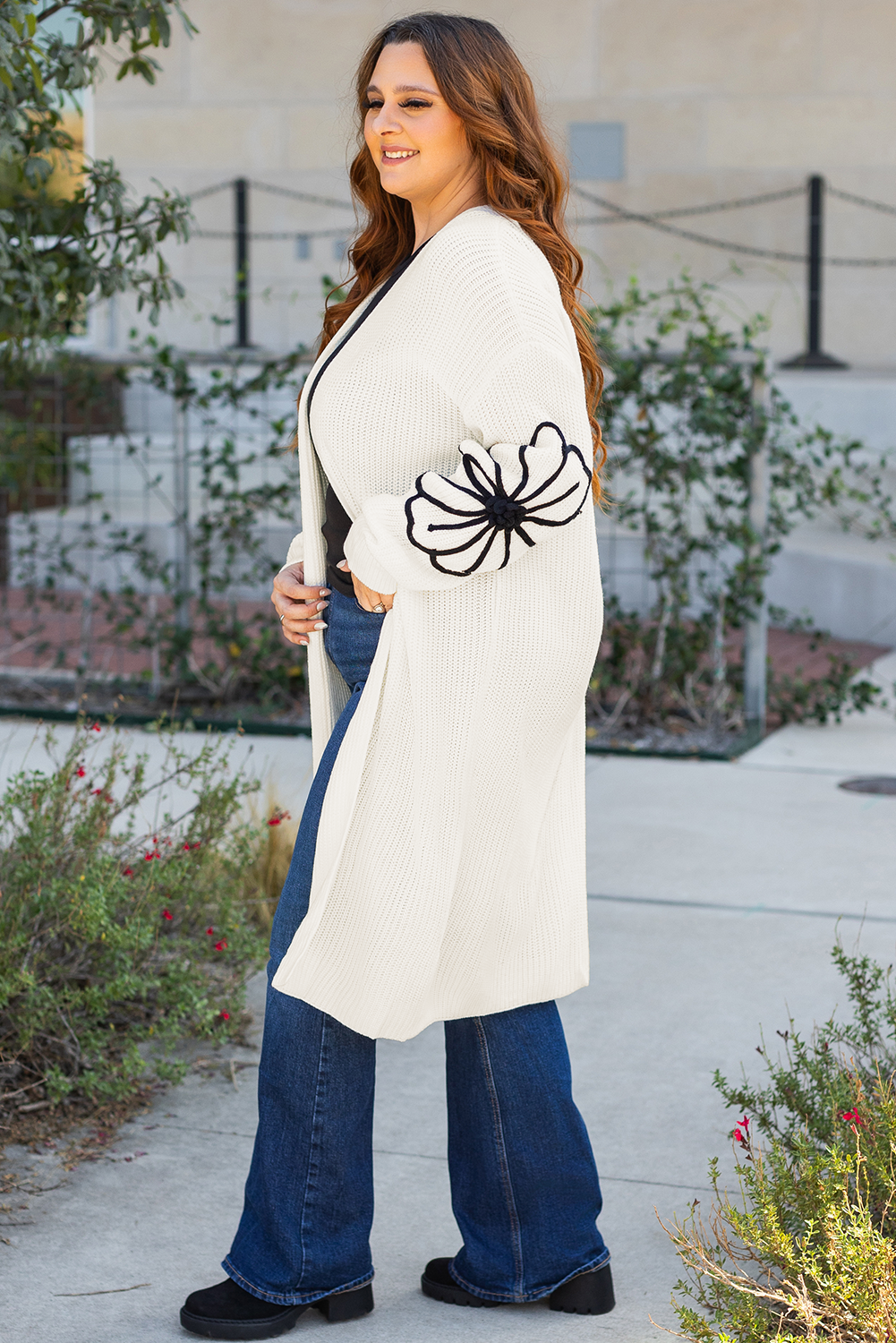 Black Flower Embroidered Drop Shoulder Open Front Duster Cardigan