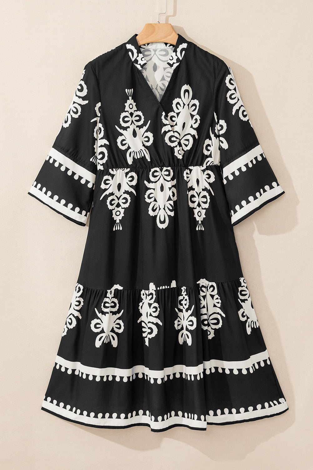 Black Geometric Print 3/4 Sleeve Midi Dress