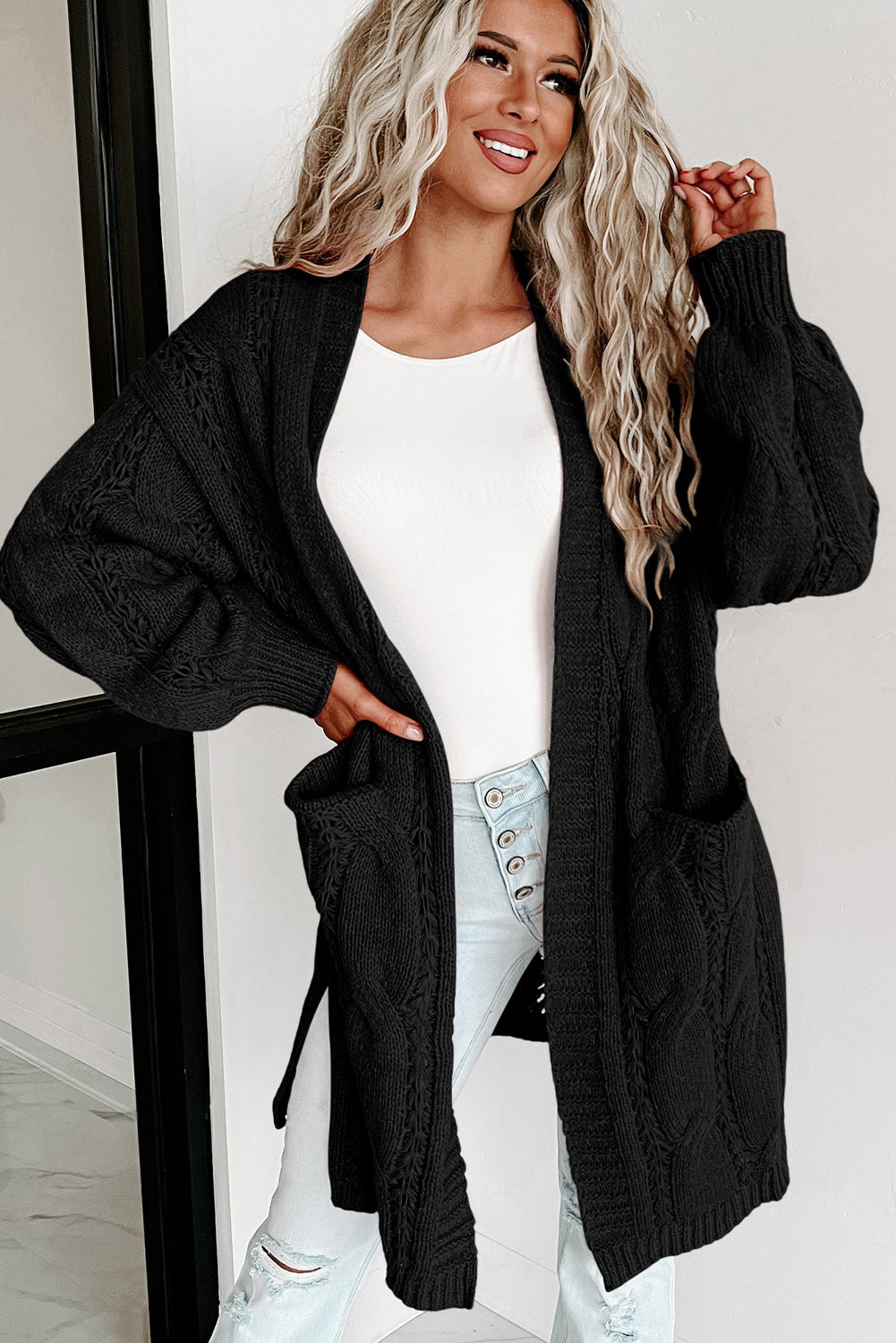 Black Ribbed Trim Eyelet Cable Knit Cardigan