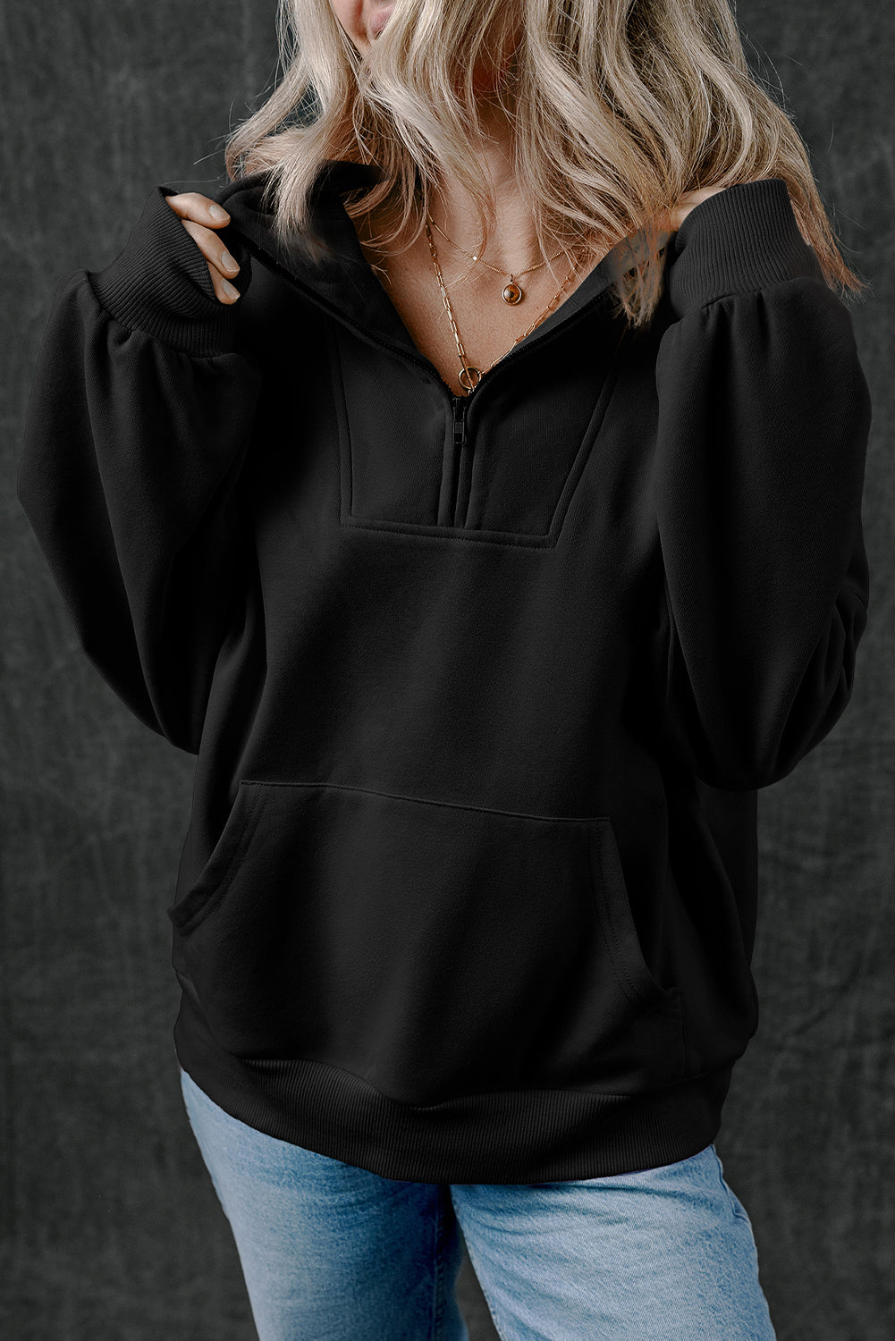 Bonbon Zip-up Stand Neck Kangaroo Pocket Sweatshirt