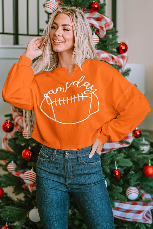 Orange Game Day Lettering Rugby Notched Neck Sweatshirt