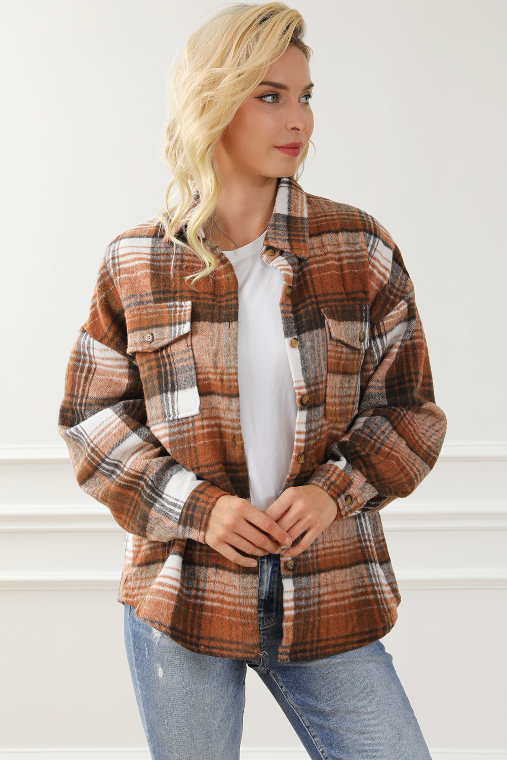 Brown Plaid Flap Pockets Shacket