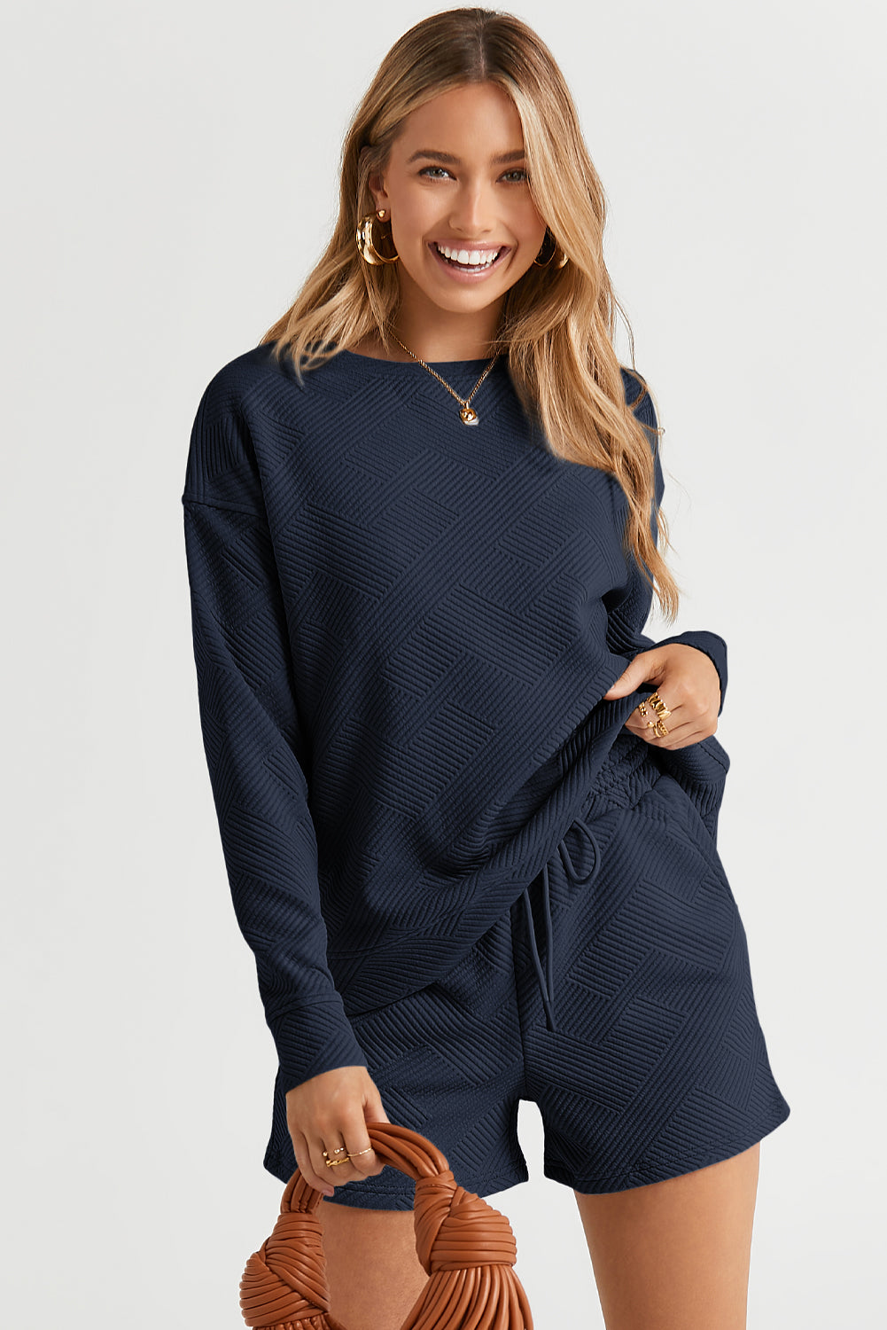 Navy Blue Textured Long Sleeve Top and Drawstring Shorts Set